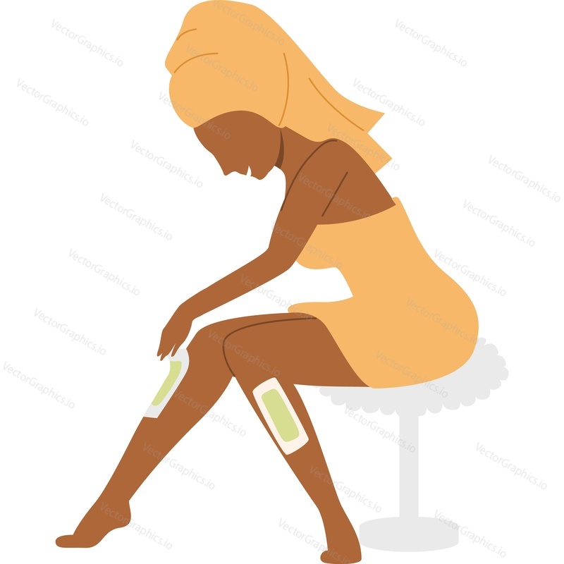 Young woman character applying wax for epilation on legs vector icon isolated on white background.
