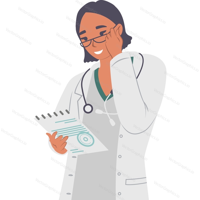 Женщина-врач, читающая карточку пациента, векторный значок, изолированный на белом фоне