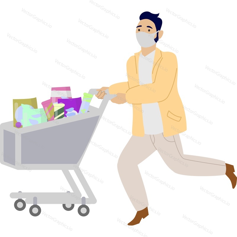 Man in medical mask running in panic pushing shopping cart vector icon isolated on white background. Viral pandemic concept.
