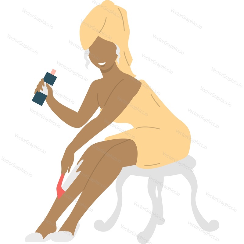Young woman character in towel and bathrobe bodycare applying cream vector icon isolated on white background.