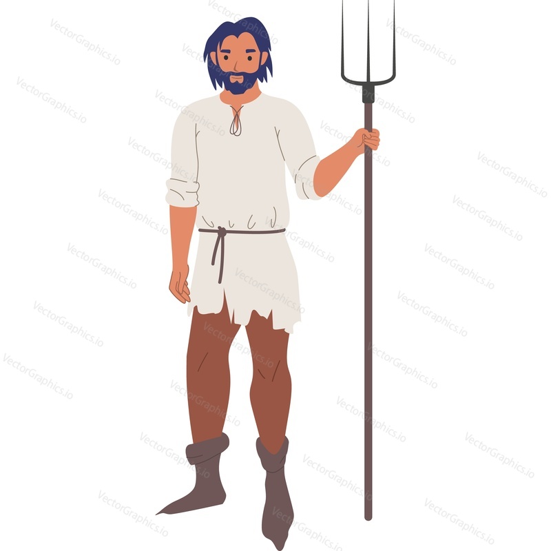 Medieval peasant with pitchfork vector icon isolated on white background.