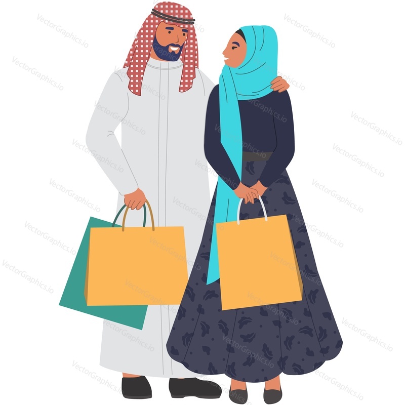 Arab family with shopping vector icon isolated on white background.