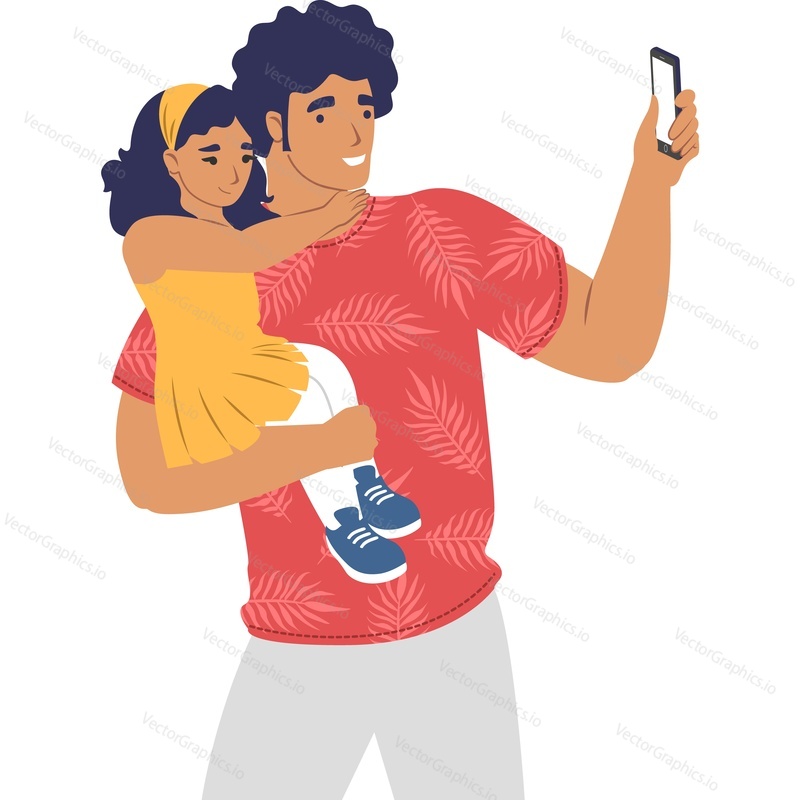 Father and daughter taking selfie on mobile camera vector icon isolated on white background