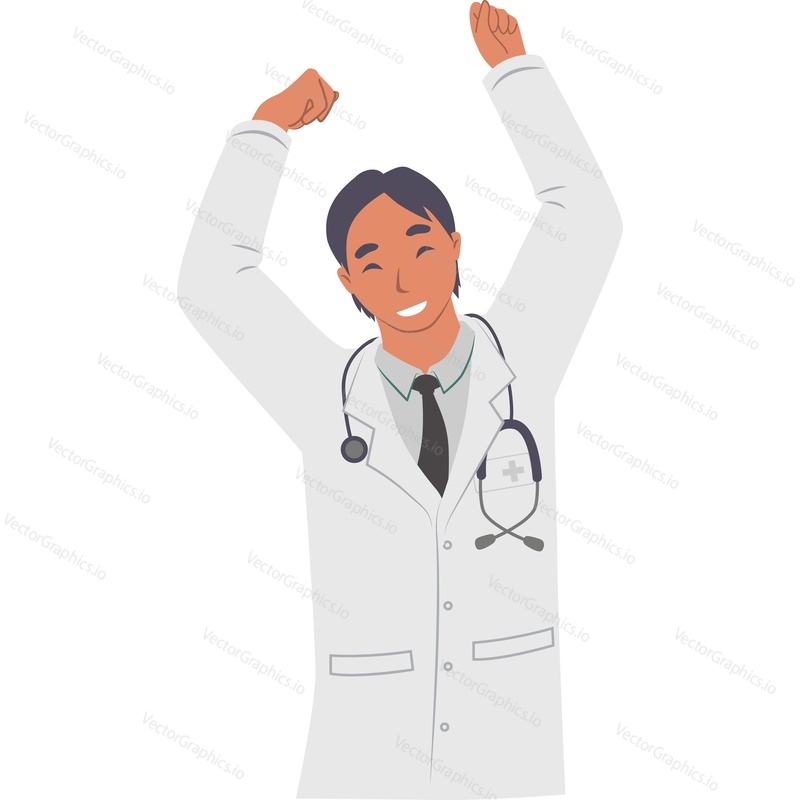 Happy overjoyed man doctor celebrating and rejoicing vector icon isolated on white background