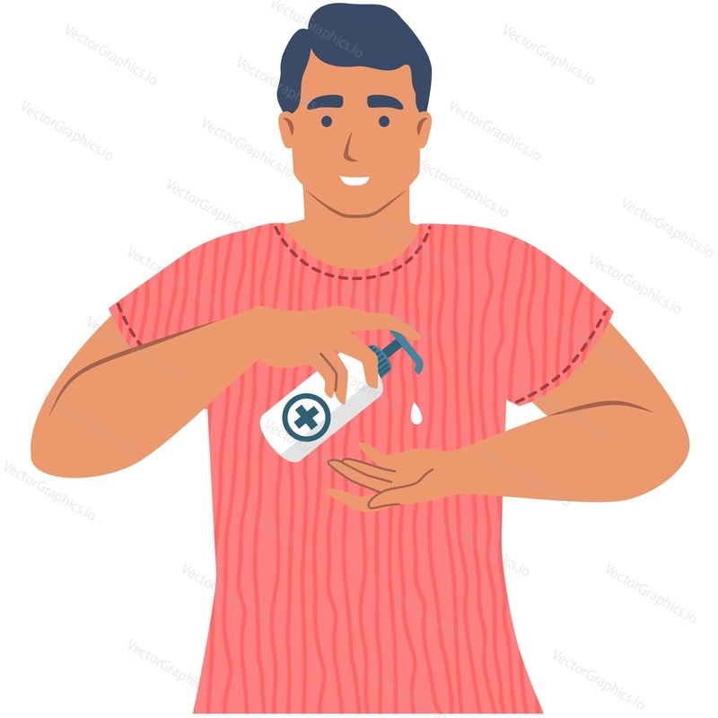 Человек, использующий дезинфицирующее средство или векторный значок рук, изолированный на белом фоне