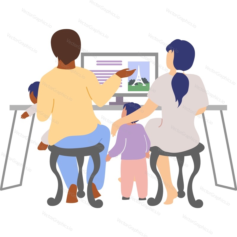 Персонажи счастливой семьи с детьми, планирующими путешествие, сидя за компьютером, векторный значок, изолированный на белом фоне.