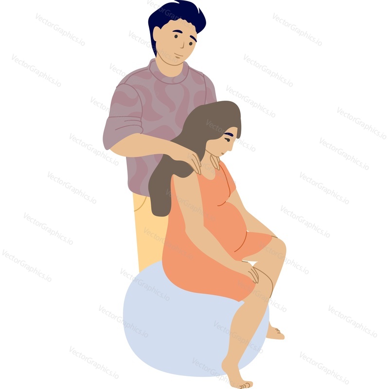 Муж массирует плечи беременной женщины векторной иконкой, изолированной на белом фоне концепцией положения ребенка при рождении.