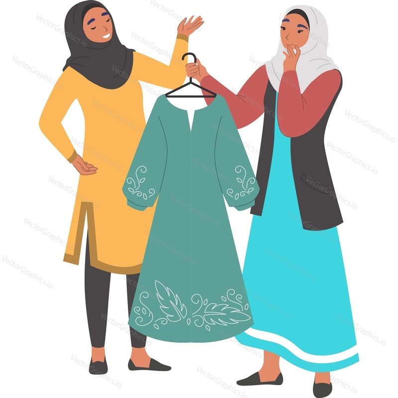 Векторный значок покупки одежды мусульманской женщиной, изолированный на белом фоне.