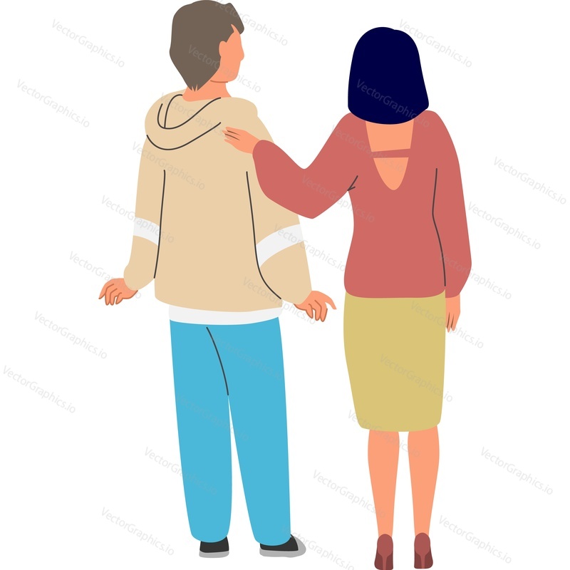Mother with teenager student son back view vector icon isolated on white background. Viral pandemic concept.