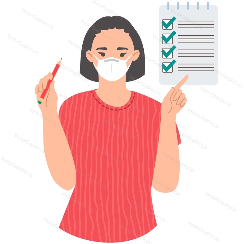 Женщина в медицинской маске для лица проверяет список дел векторным значком, выделенным на белом фоне