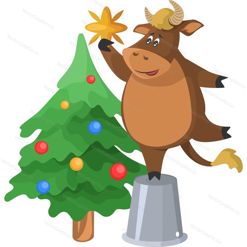 Christmas cow character decorating fir tree vector icon isolated on white background.