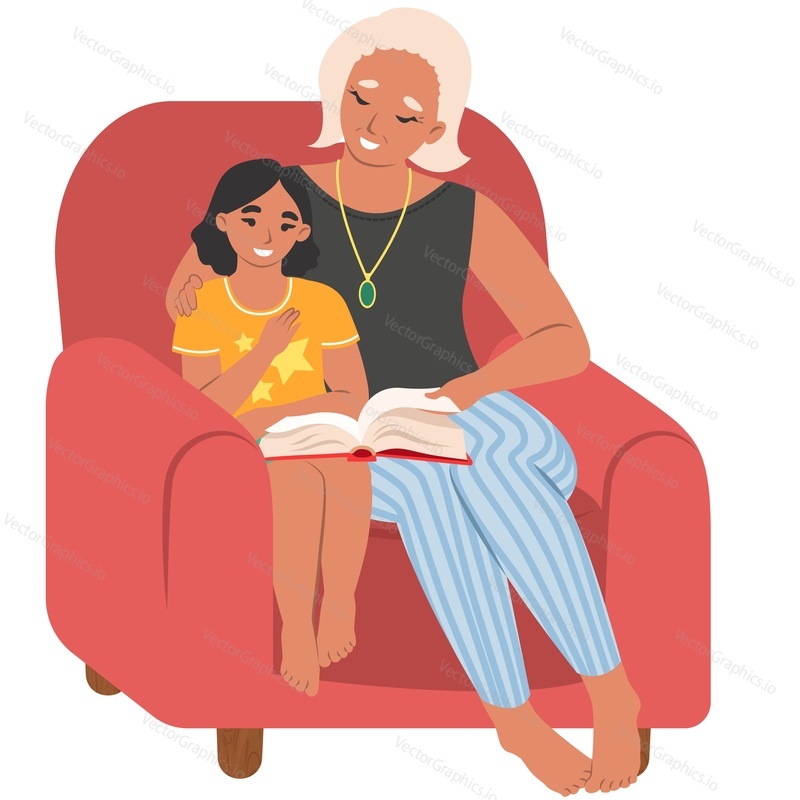 Внучка читает бабушке векторную иконку, изолированную на белом фоне