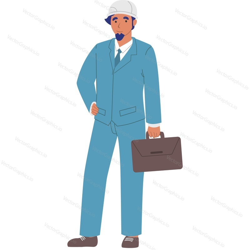 Businessman in a helmet with a suitcase vector icon isolated on white background.