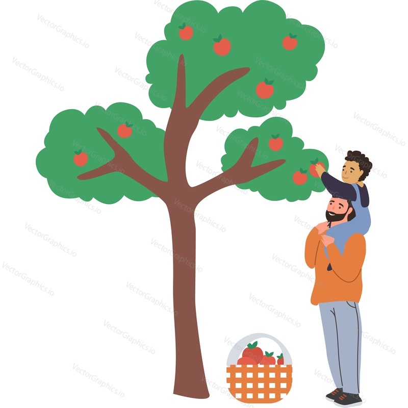 Отец и маленький сын собирают плоды яблони с векторной иконки дерева, изолированной на белом фоне.