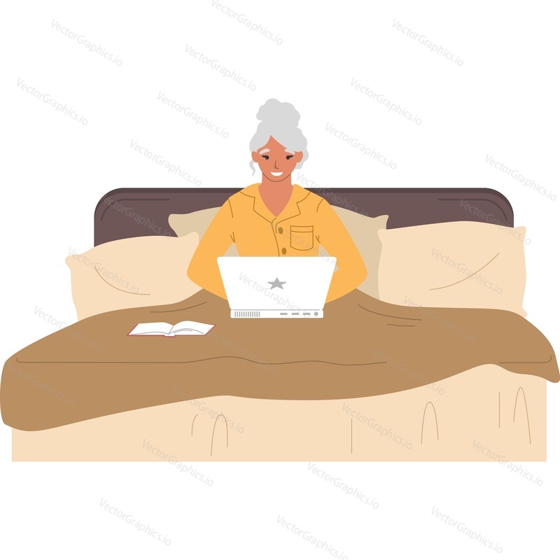 Пожилая женщина просматривает Интернет с помощью ноутбука, сидя в постели дома, векторный значок изолирован на белом фоне.