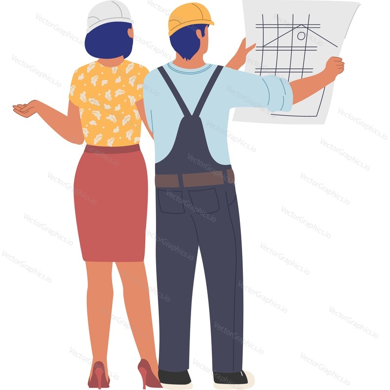 Builder and architect discuss blueprint vector icon isolated on white background.