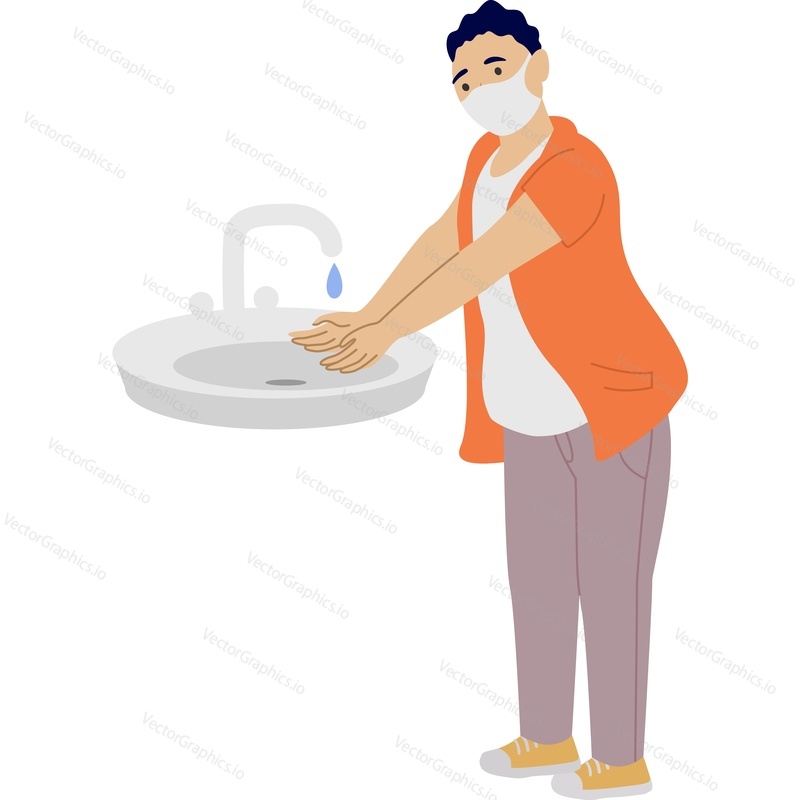Man in medical protective mask washing hands vector icon isolated on white background. Viral pandemic concept.