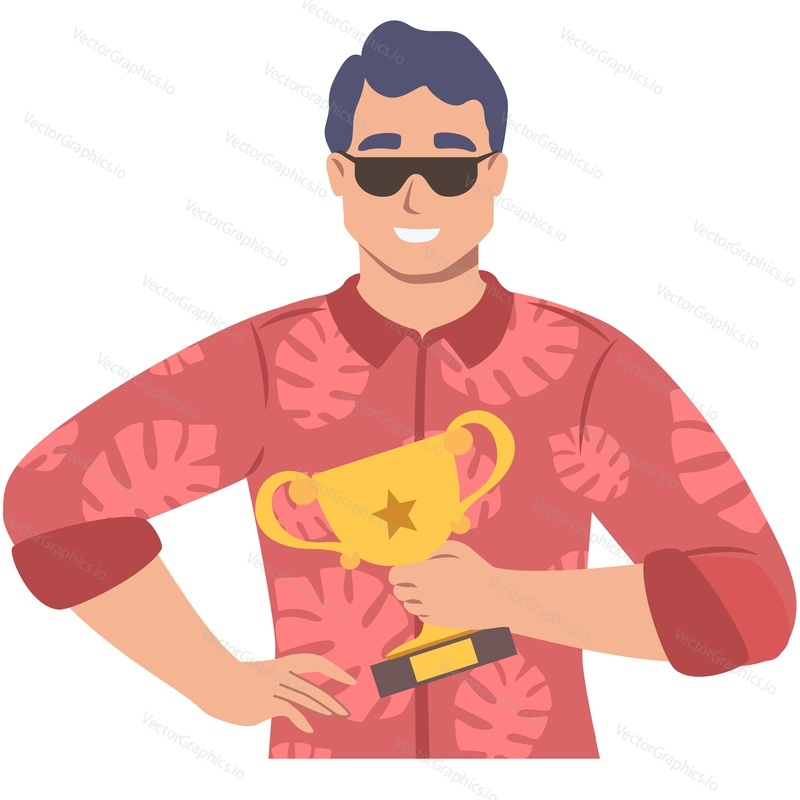 Fashion guy holding trophy cup vector icon isolated on white background