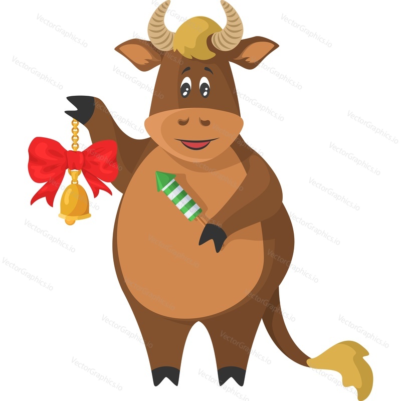 Christmas cow character holding bell and New Year fireworkvector icon isolated on white background.