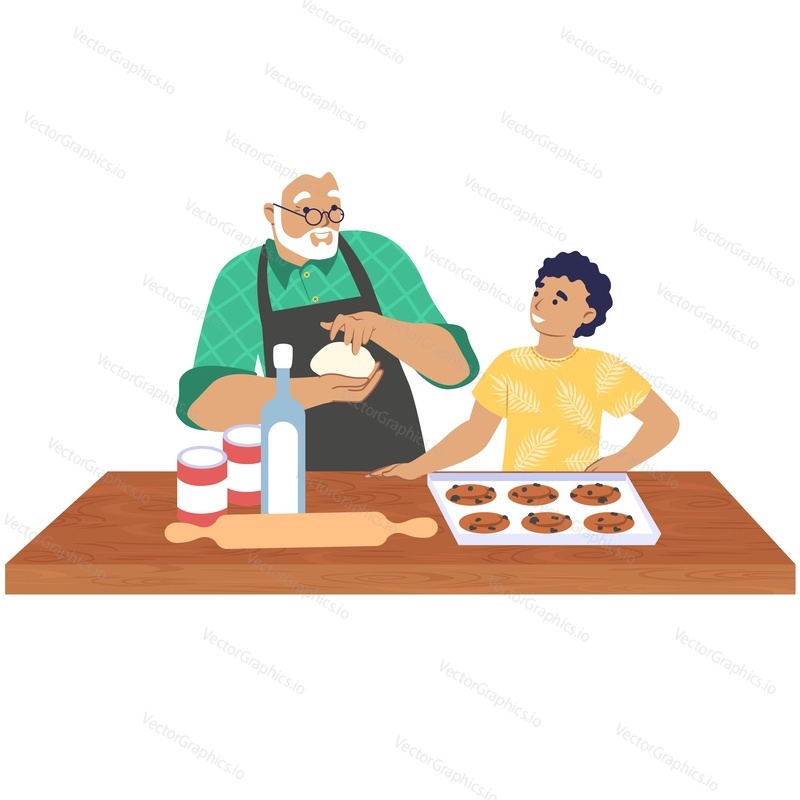 Granddad cooking with grandson baking cookies together vector icon isolated on white background
