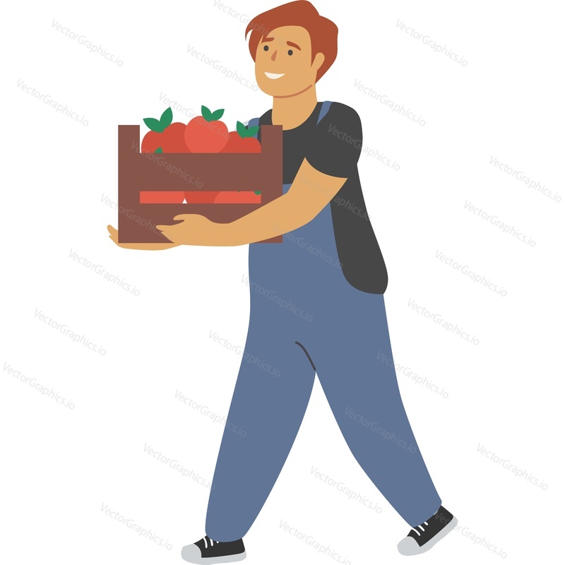 Happy man farmer character carrying wooden crate with ripe fuit or vegetable vector icon isolated on white background.
