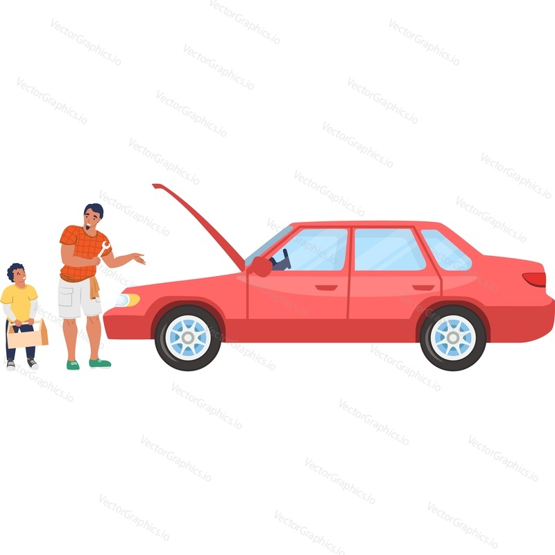 Father and son repairing car together vector icon isolated on white background
