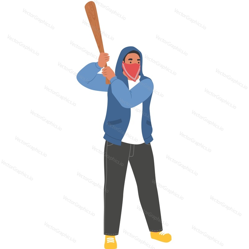 Teenager vandal with wooden bat vector icon isolated on white background