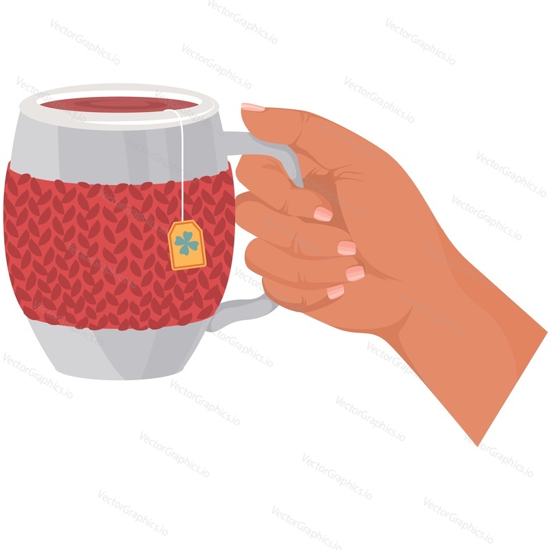 Hand holding tea cup vector icon isolated on white background