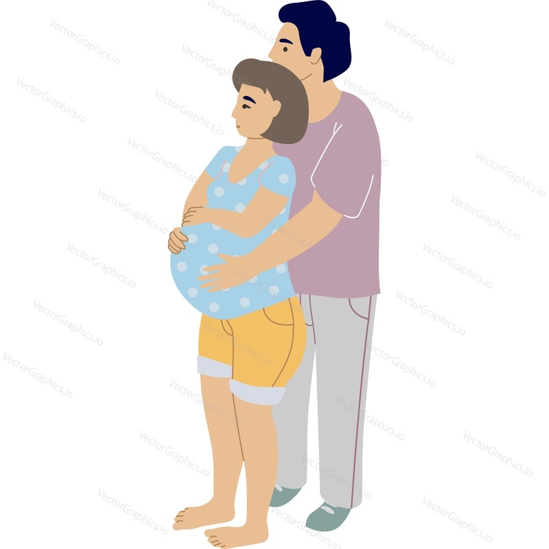 Man husband hugging pregnant woman wife vector icon isolated on white background child birth position concept.