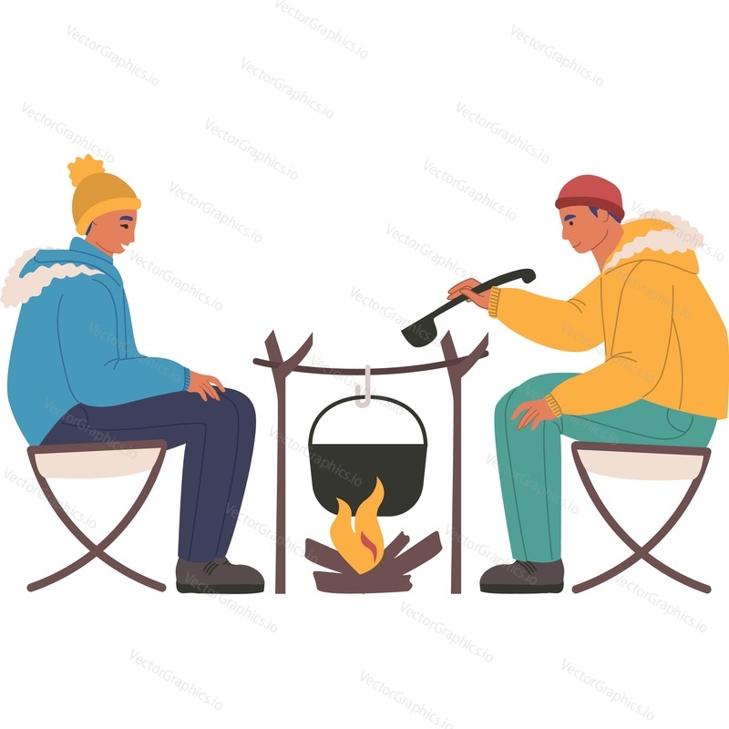 Two climbers cooking soup in kettle over fire vector icon isolated on white background.