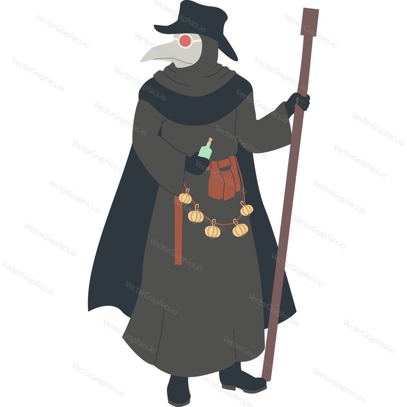 Средневековый колдун в маске с векторным значком яда, выделенным на белом фоне.