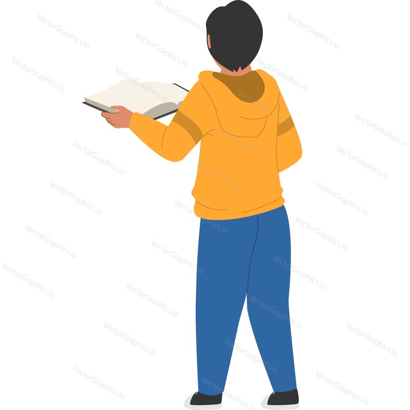 Школьник с открытой книгой, вид сзади, векторная иконка, изолированная на белом фоне