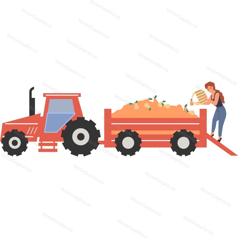 Tractor with pickled fruits and woman gardener vector icon isolated on white background.