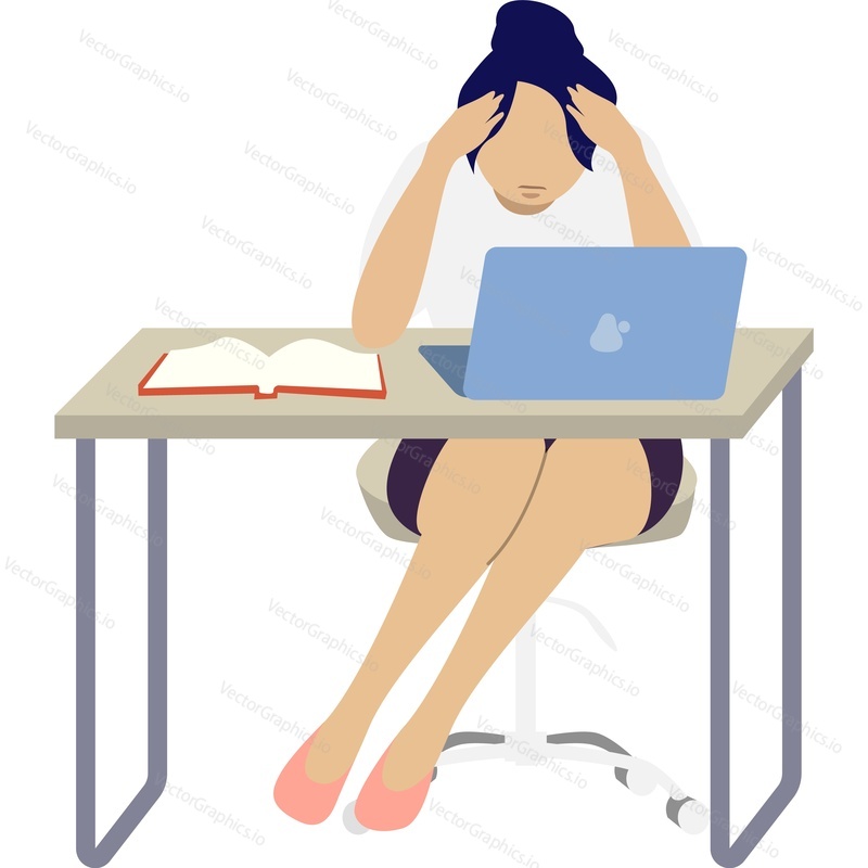 Перегруженный персонаж-женщина-работник, сидящая за столом с векторным значком ноутбука, изолированным на белом фоне.