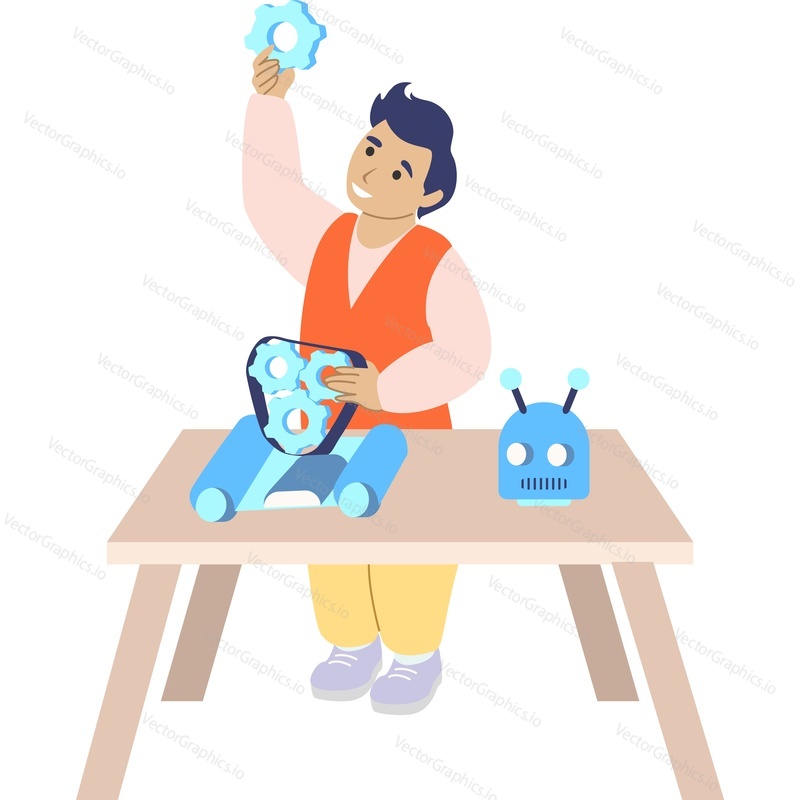 Boy kid building robot sitting at table vector icon isolated on white background.