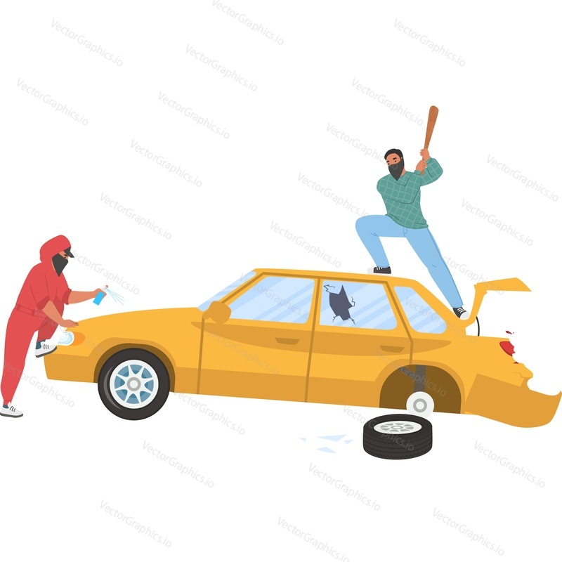 Vandals group destroying car vector icon isolated on white background