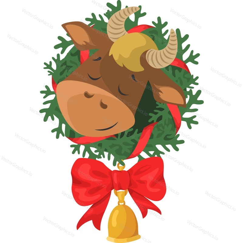 Christmas cow in wreath with bell vector icon isolated on white background.