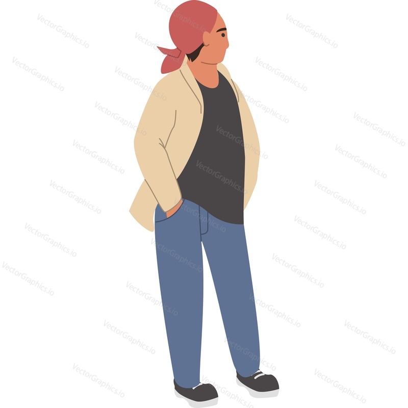 Hipster gut standing with hands in pocket vector icon isolated on white background