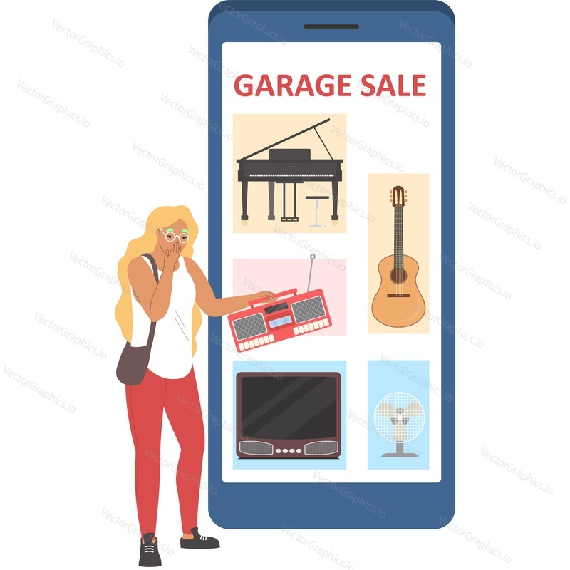 Женщина делает покупки на гаражной распродаже через онлайн-блошиный рынок на смартфоне с векторной иконкой, изолированной на белом фоне