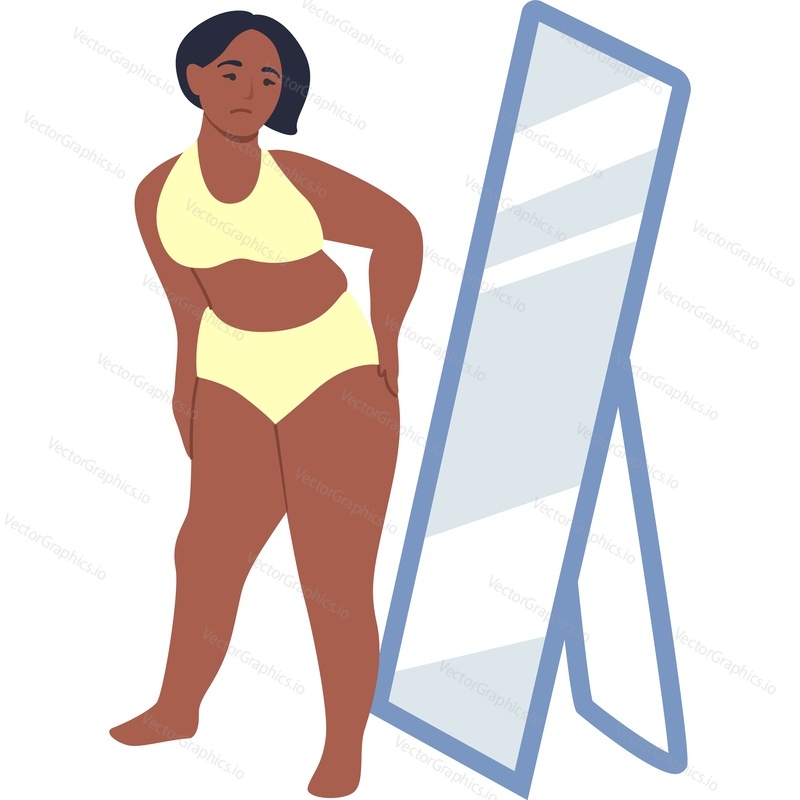 Полная женщина недовольно смотрит в зеркало на векторную иконку толстой фигуры, выделенную на белом фоне. Концепция похудения.