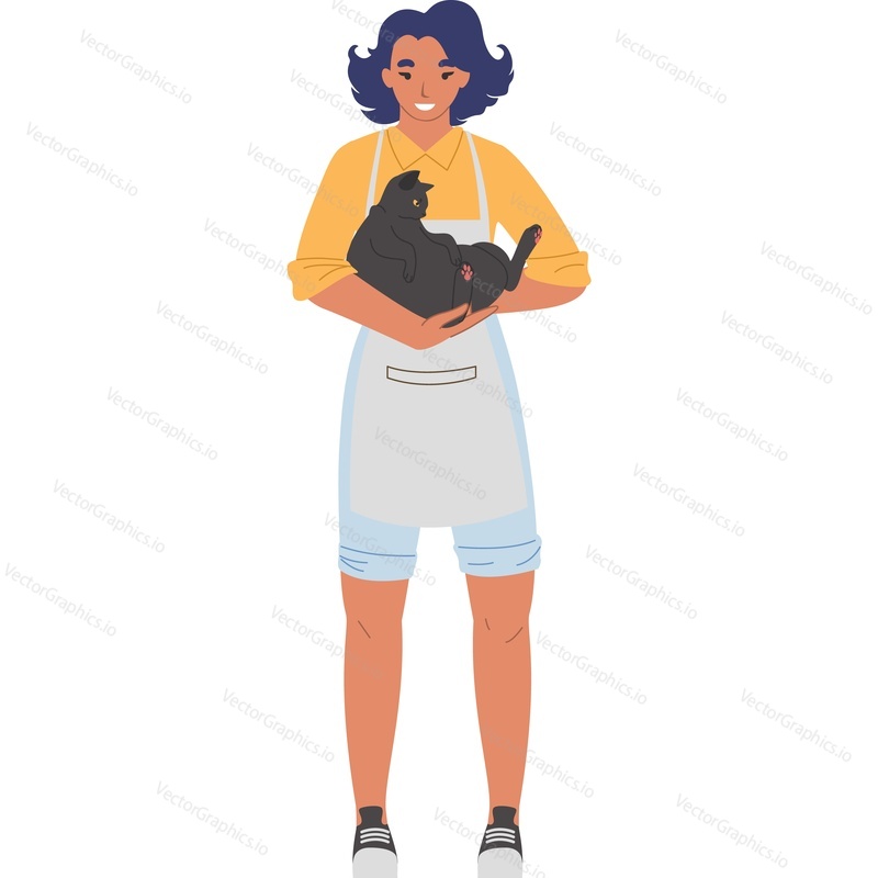 Woman holding cat on hands vector icon isolated on white background.