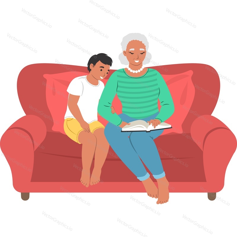 Бабушка читает внуку на домашнем диване векторную иконку, изолированную на белом фоне