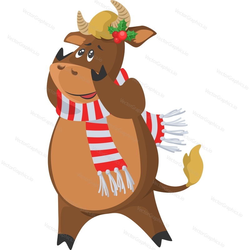 Christmas cow character with mistletoe tree wreath on head vector icon isolated on white background.