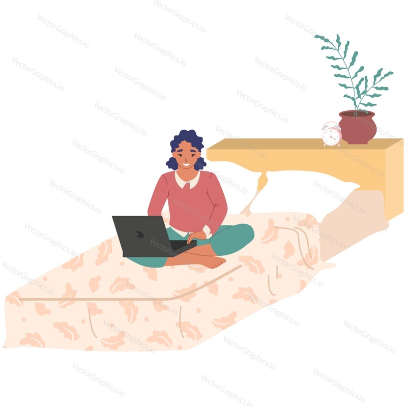 Молодая женщина просматривает Интернет с помощью ноутбука, сидя в постели дома, векторный значок изолирован на белом фоне.