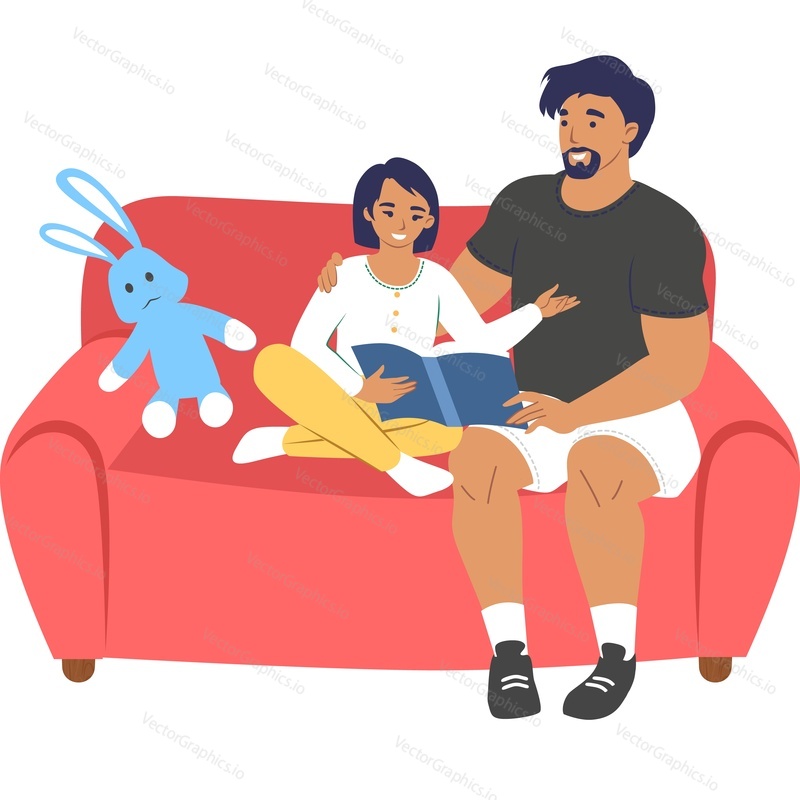 Отец и дочь читают вместе на домашнем диване векторную иконку, изолированную на белом фоне