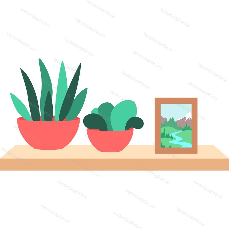 Flowerpots and photo frame on shelf vector icon isolated on white background