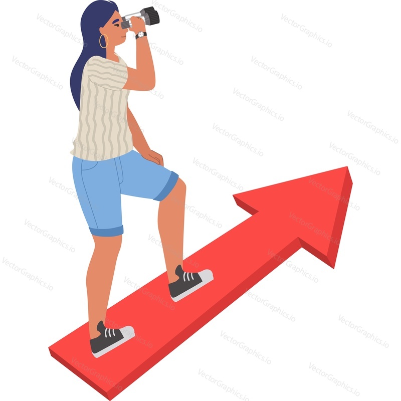 Woman looking through binocular standing on growing arrow vector icon isolated on white background