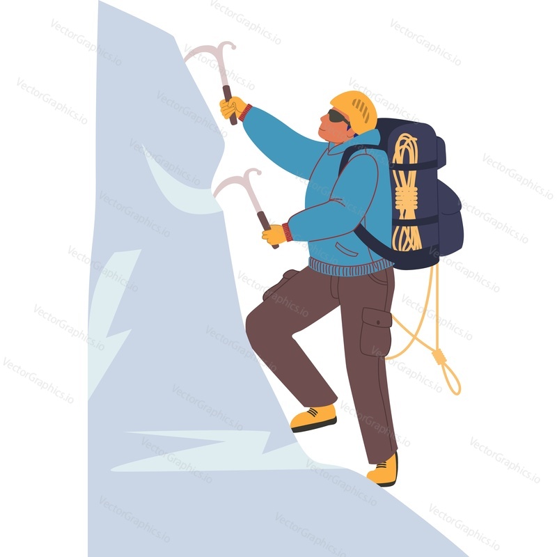 Человек-альпинист на горе векторный значок, изолированный на белом фоне.