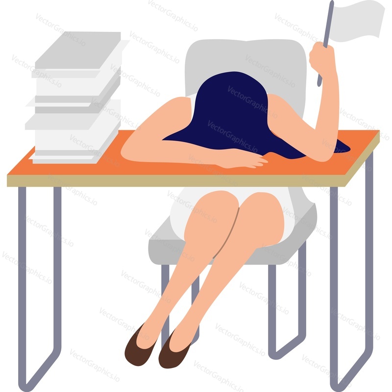 Overworked woman character sleeping on office table vector icon isolated on white background.