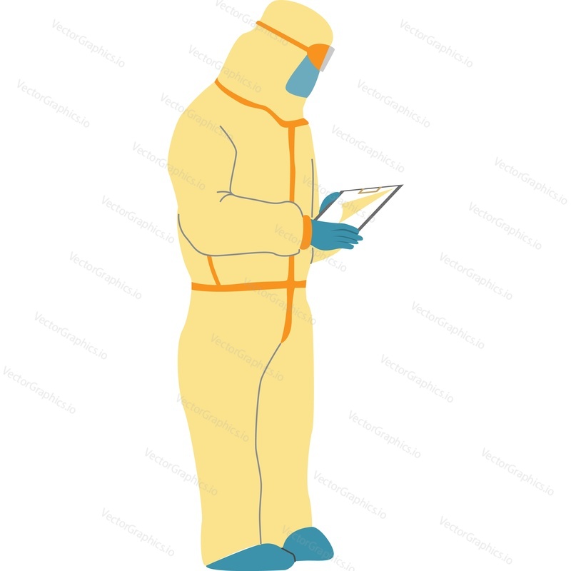 Doctor in protective suit view statistics on coronavirus cases vector icon isolated on white background. Viral pandemic concept.